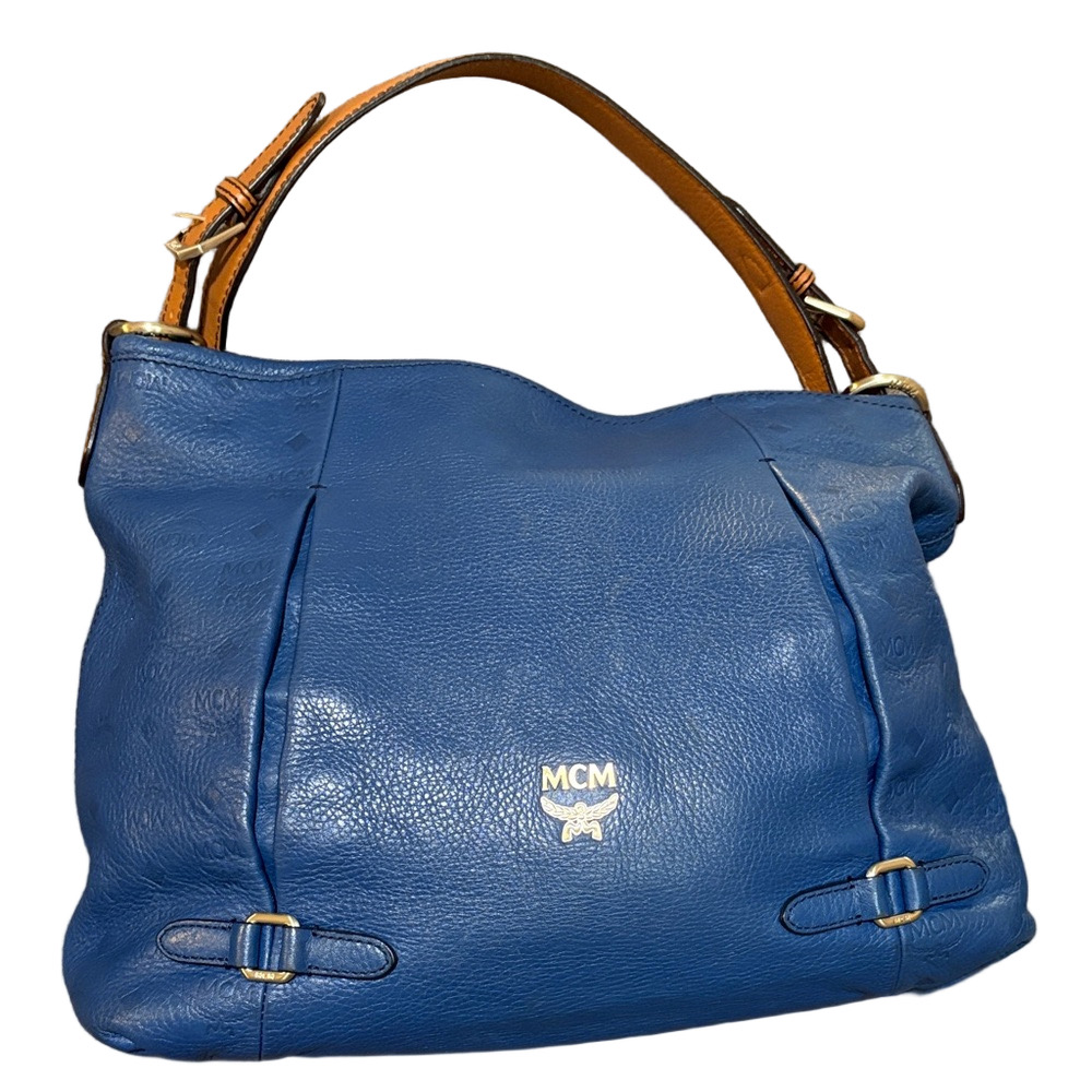 Authentic MCM Blue Leather Shoulder Hobo with Tan Strap